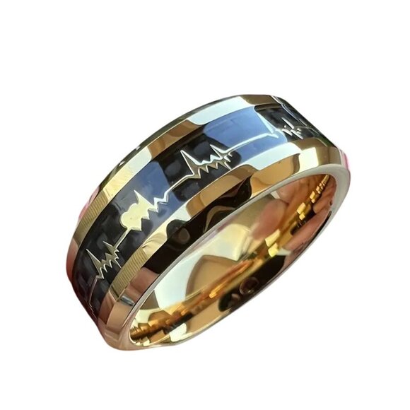 Gold Tungsten Steel Carbide & Carbon Inlay Heartbeat EKG Design statement Ring - Picture 3 of 4